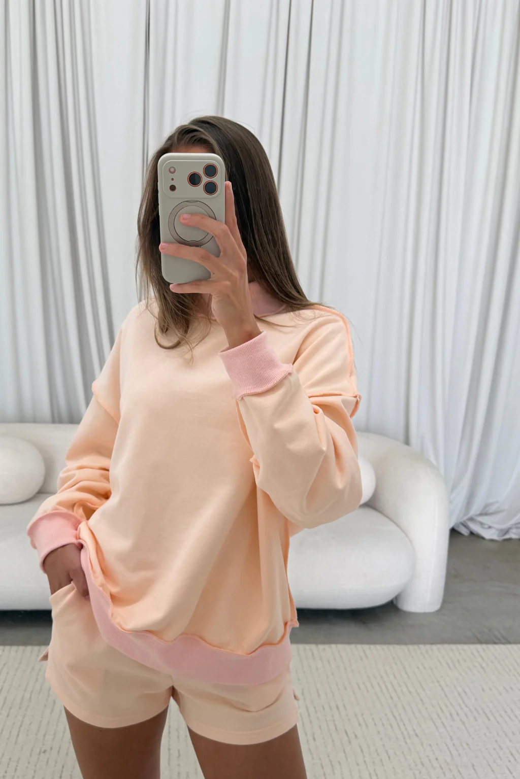 Tillie Relaxed Mock Neck Pullover and Shorts Set in Baby Pink - Image 2