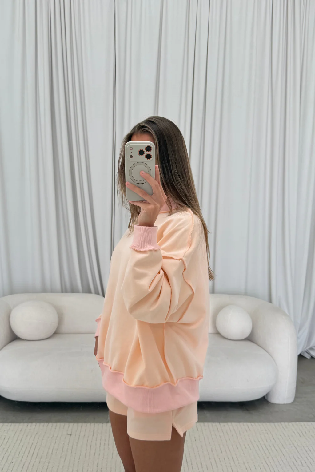 Tillie Relaxed Mock Neck Pullover and Shorts Set in Baby Pink - Image 3