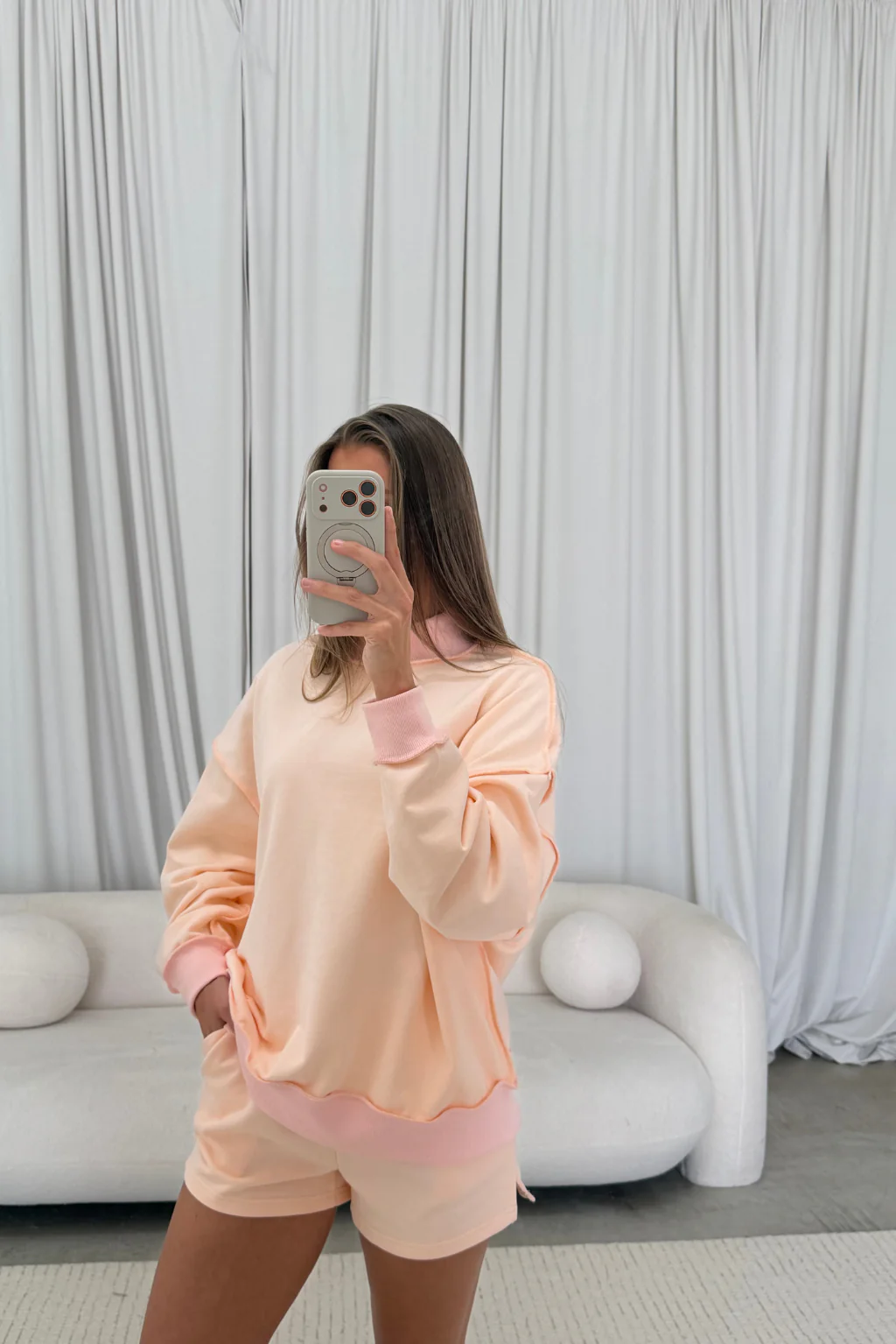Tillie Relaxed Mock Neck Pullover and Shorts Set in Baby Pink - Image 4