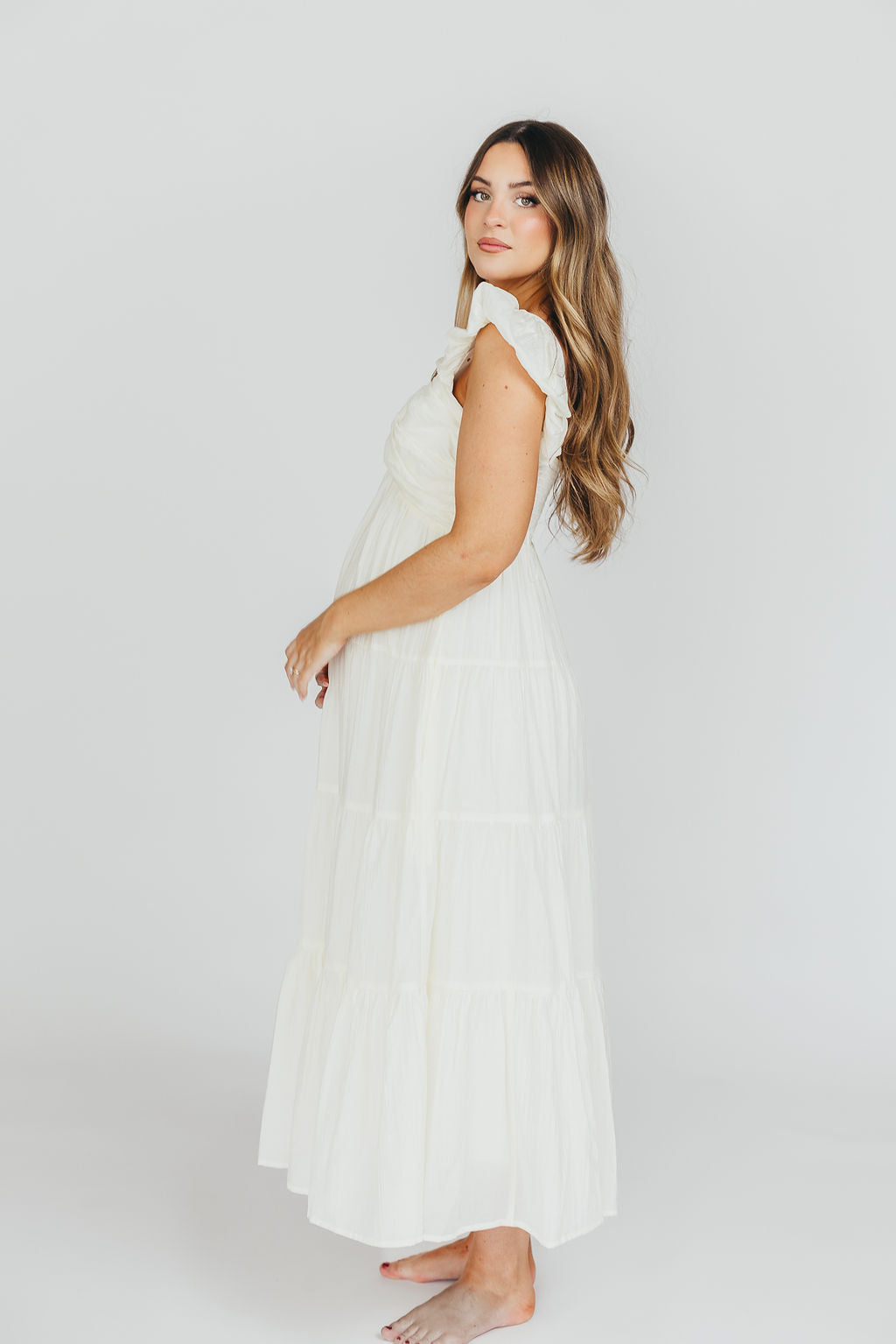Katy Pleated Bodice Maxi Dress in Cream - Bump Friendly - Image 10
