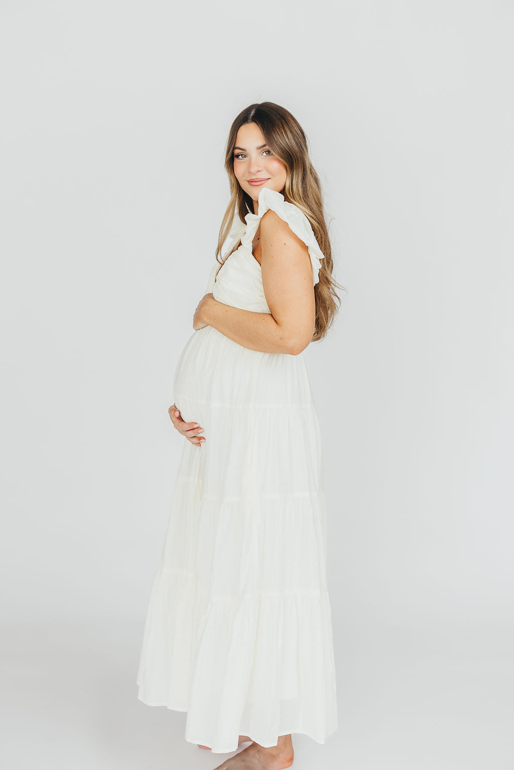 Katy Pleated Bodice Maxi Dress in Cream - Bump Friendly - Image 12