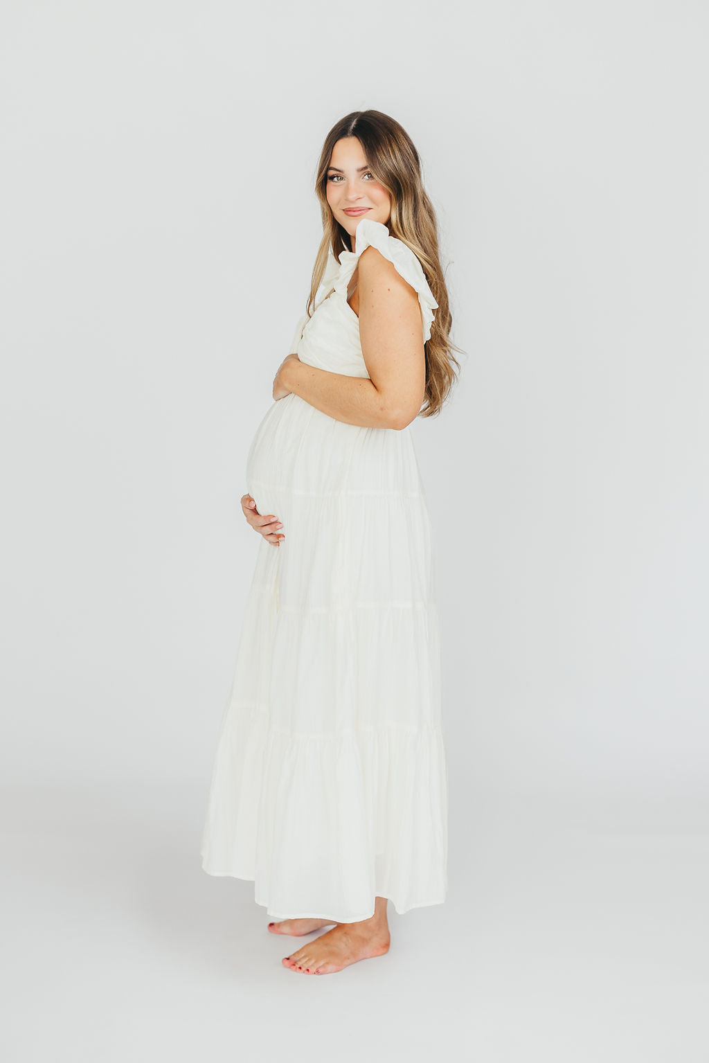 Katy Pleated Bodice Maxi Dress in Cream - Bump Friendly - Image 13
