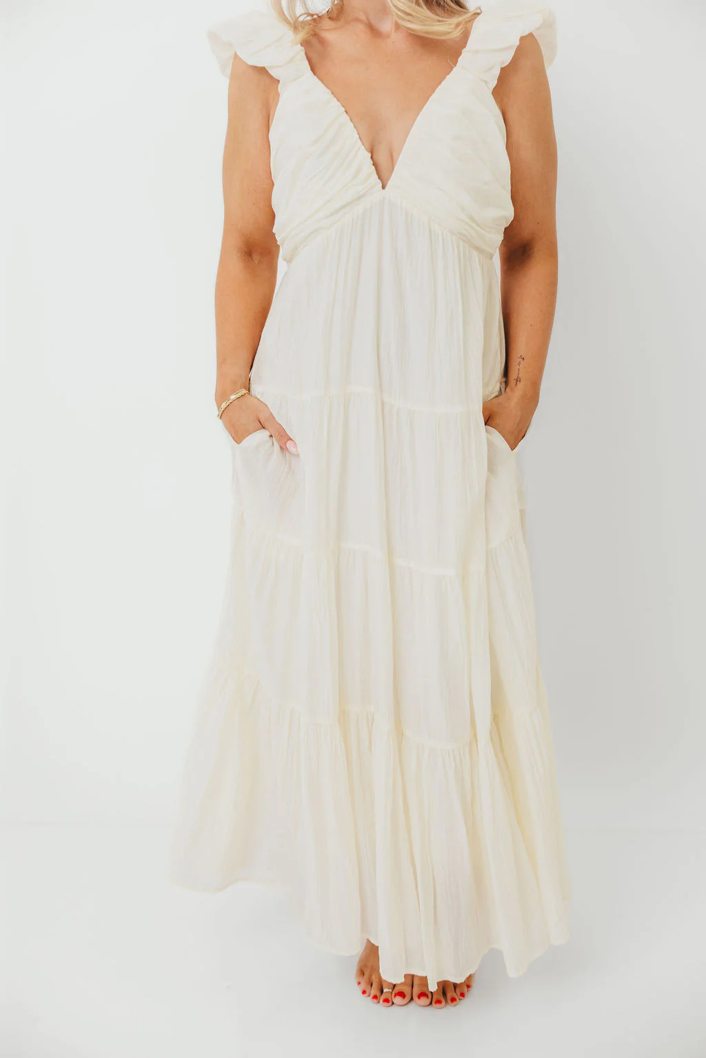 Katy Pleated Bodice Maxi Dress in Cream - Bump Friendly - Image 19