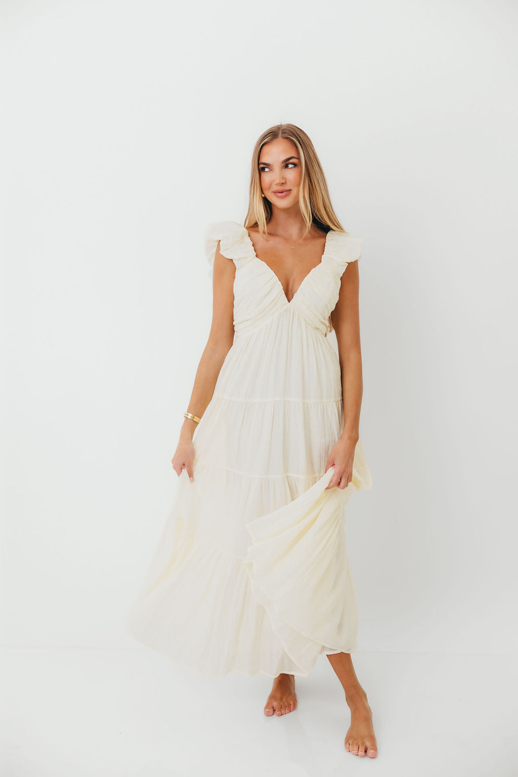 Katy Pleated Bodice Maxi Dress in Cream - Bump Friendly - Image 21