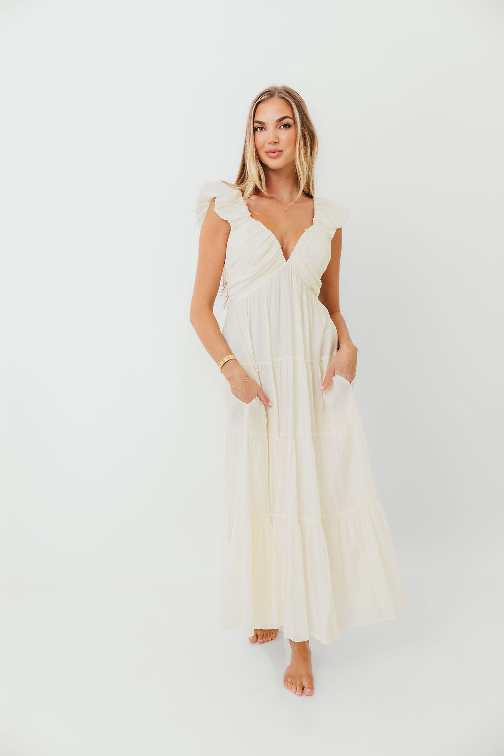 Katy Pleated Bodice Maxi Dress in Cream - Bump Friendly - Image 25