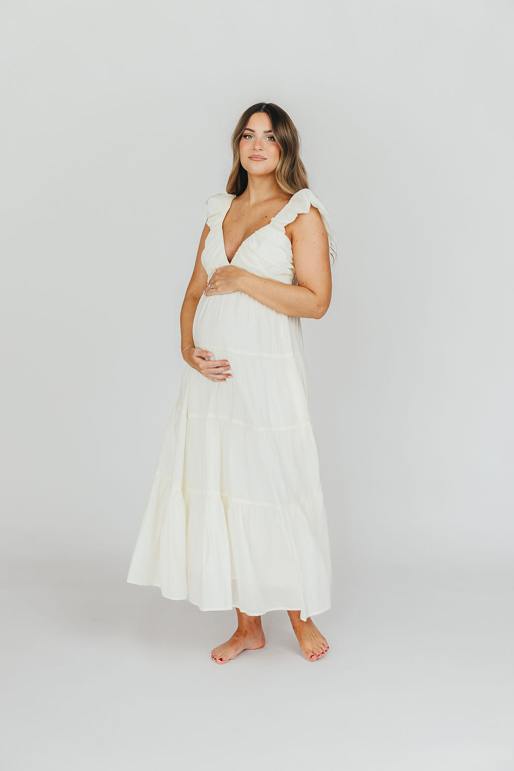 Katy Pleated Bodice Maxi Dress in Cream - Bump Friendly - Image 3