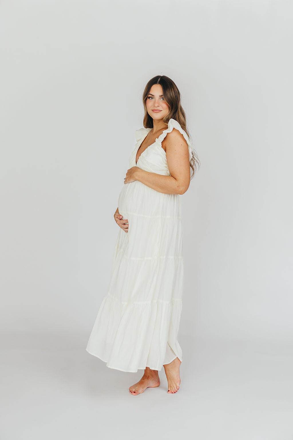 Katy Pleated Bodice Maxi Dress in Cream - Bump Friendly - Image 9