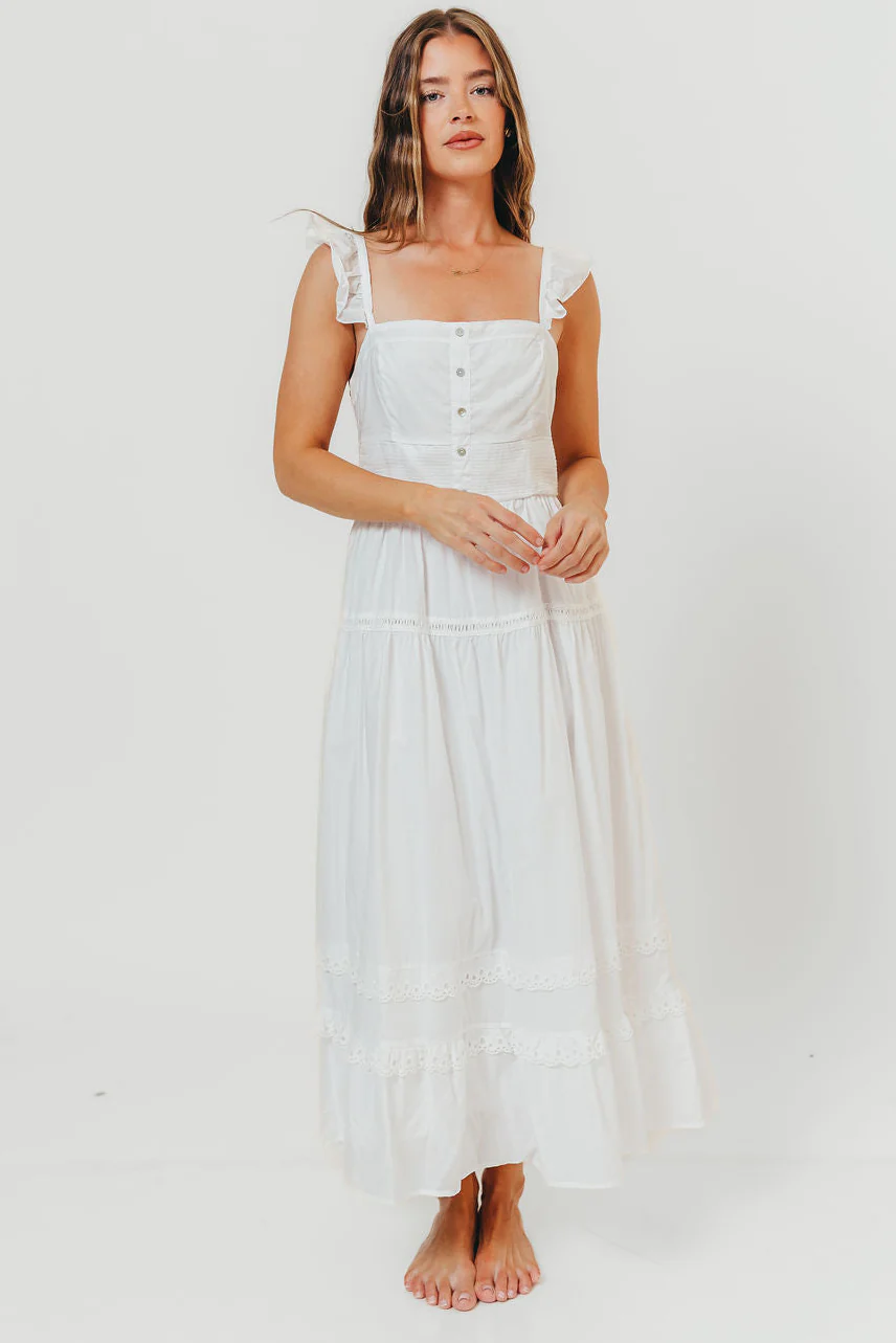 Diana Lace Trim Tiered Detail Ruffle Strap Midi Dress in Off White