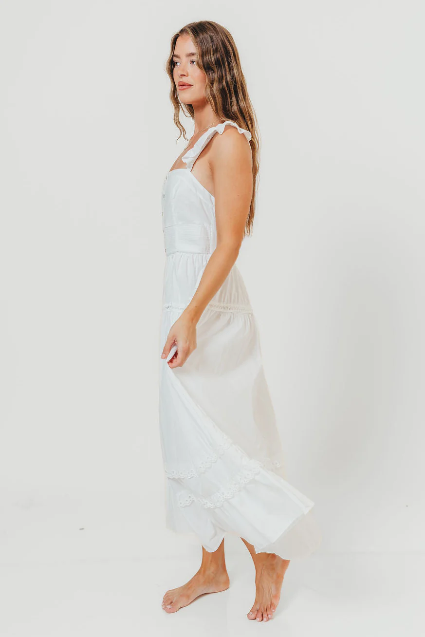 Diana Lace Trim Tiered Detail Ruffle Strap Midi Dress in Off White - Image 2