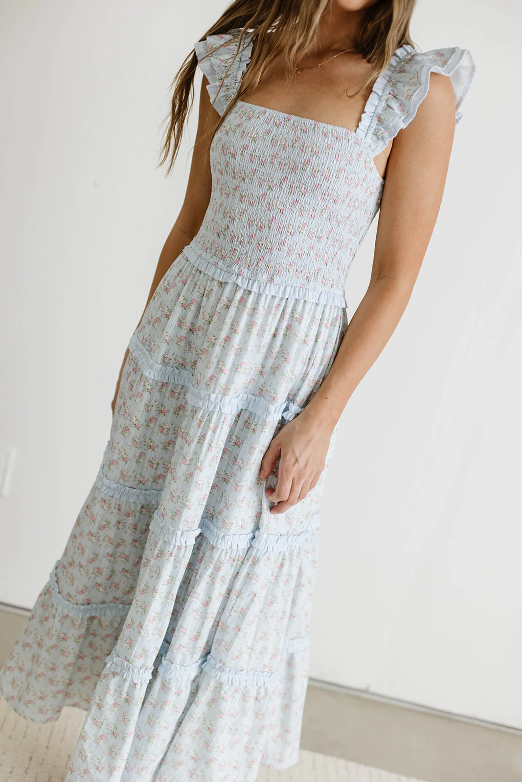 Levi Ditsy Floral Smocked Ruffle Maxi Dress in Light Blue - Image 13