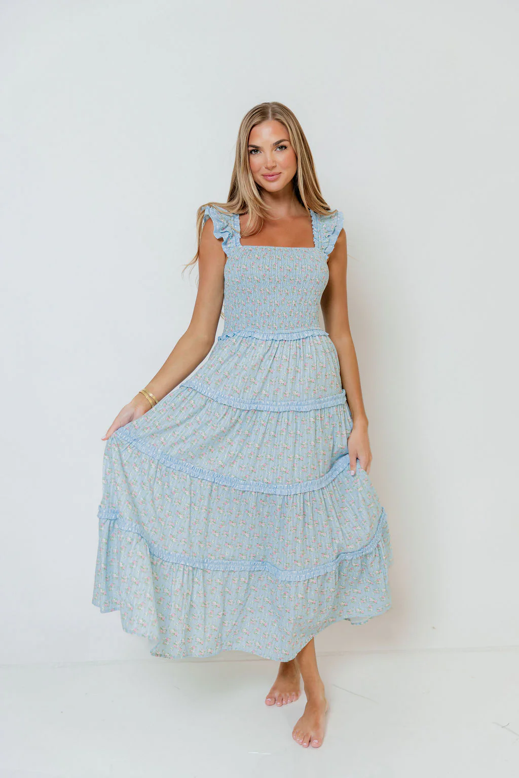 Levi Ditsy Floral Smocked Ruffle Maxi Dress in Light Blue - Image 15