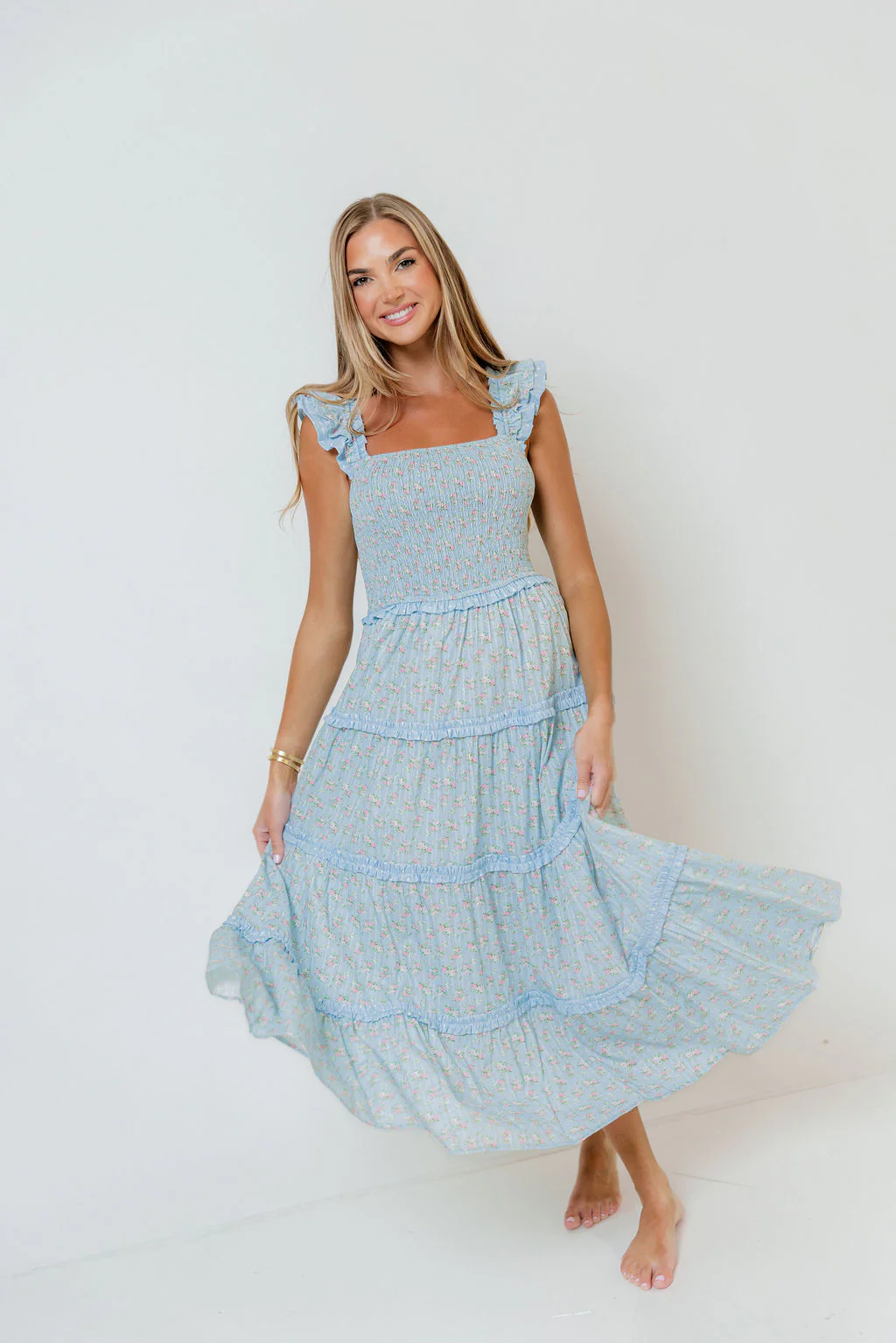 Levi Ditsy Floral Smocked Ruffle Maxi Dress in Light Blue - Image 16