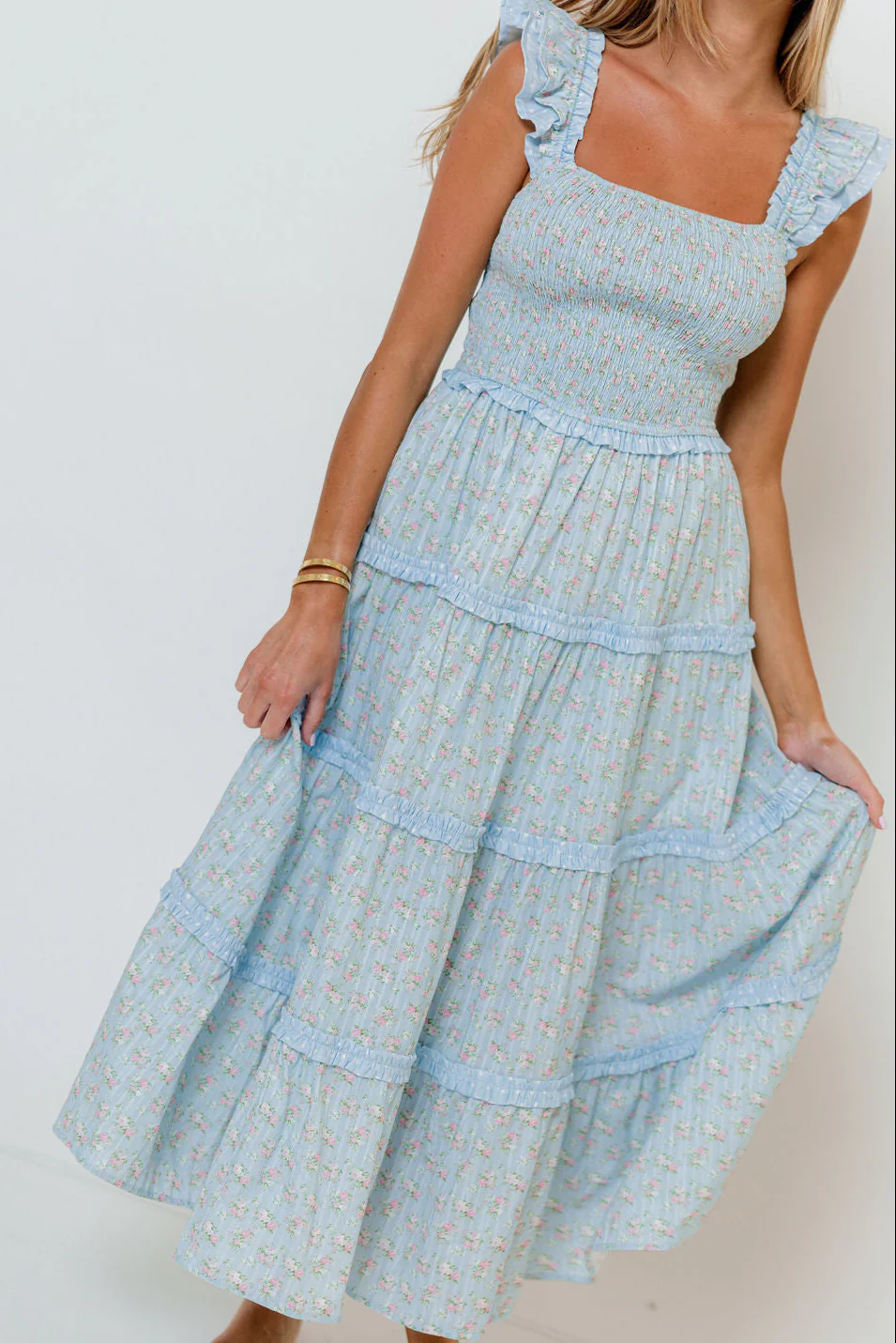 Levi Ditsy Floral Smocked Ruffle Maxi Dress in Light Blue - Image 3