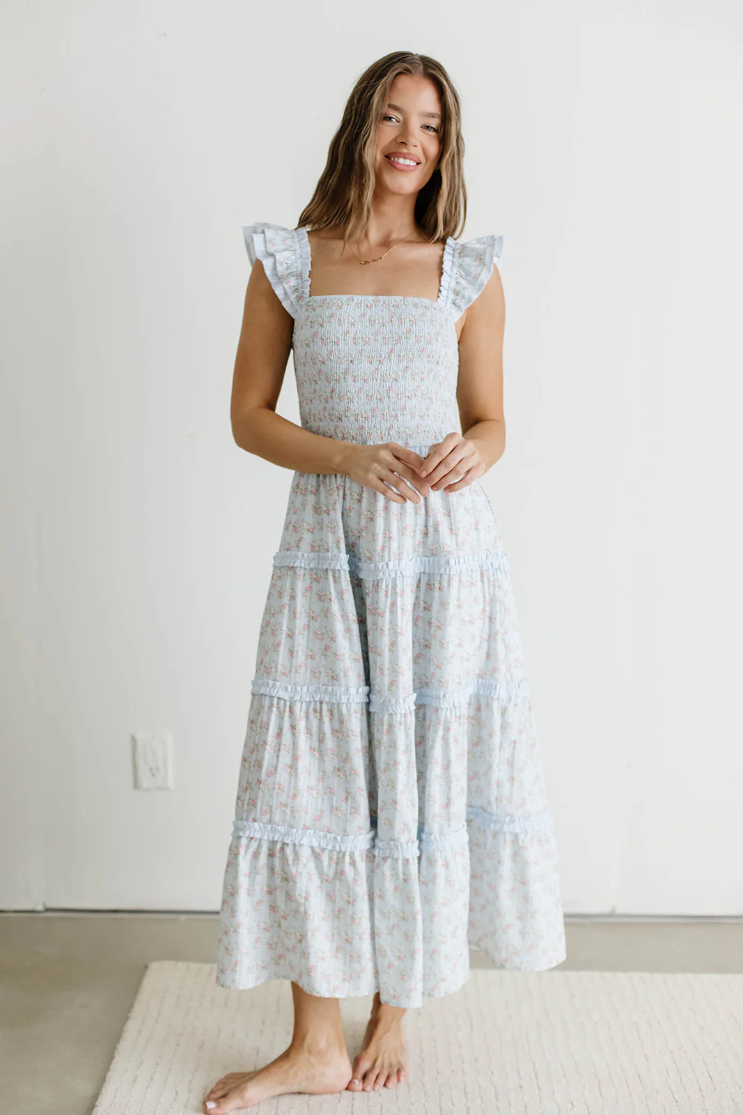 Levi Ditsy Floral Smocked Ruffle Maxi Dress in Light Blue - Image 4