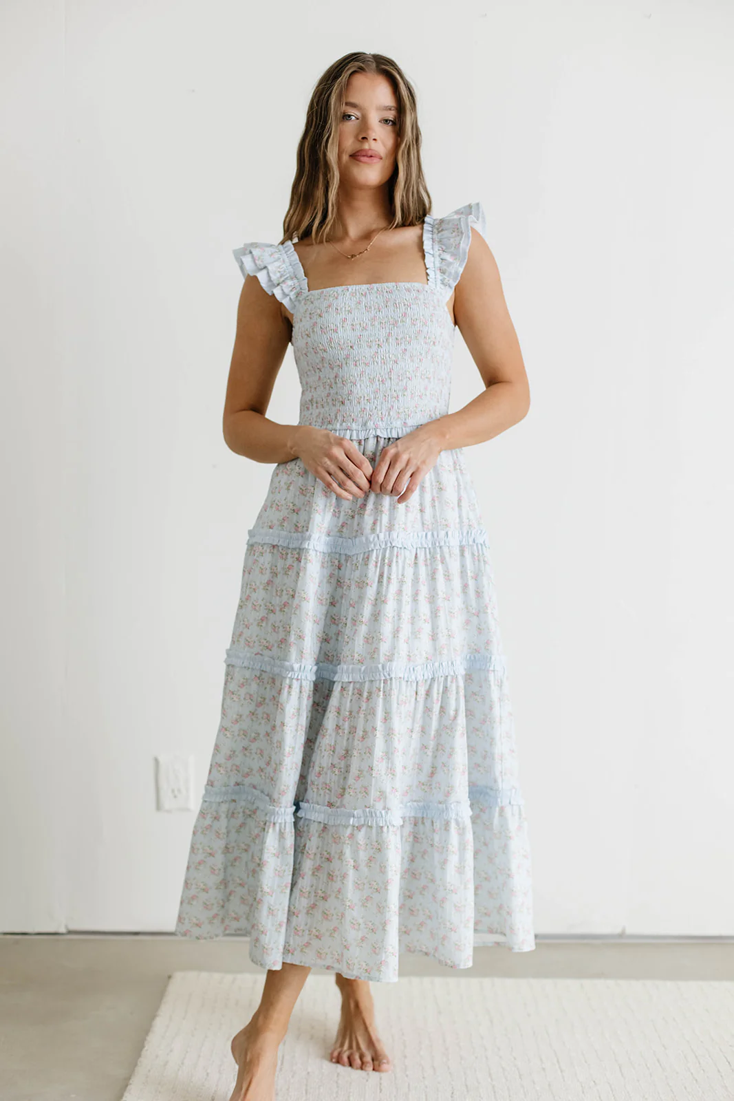Levi Ditsy Floral Smocked Ruffle Maxi Dress in Light Blue - Image 5