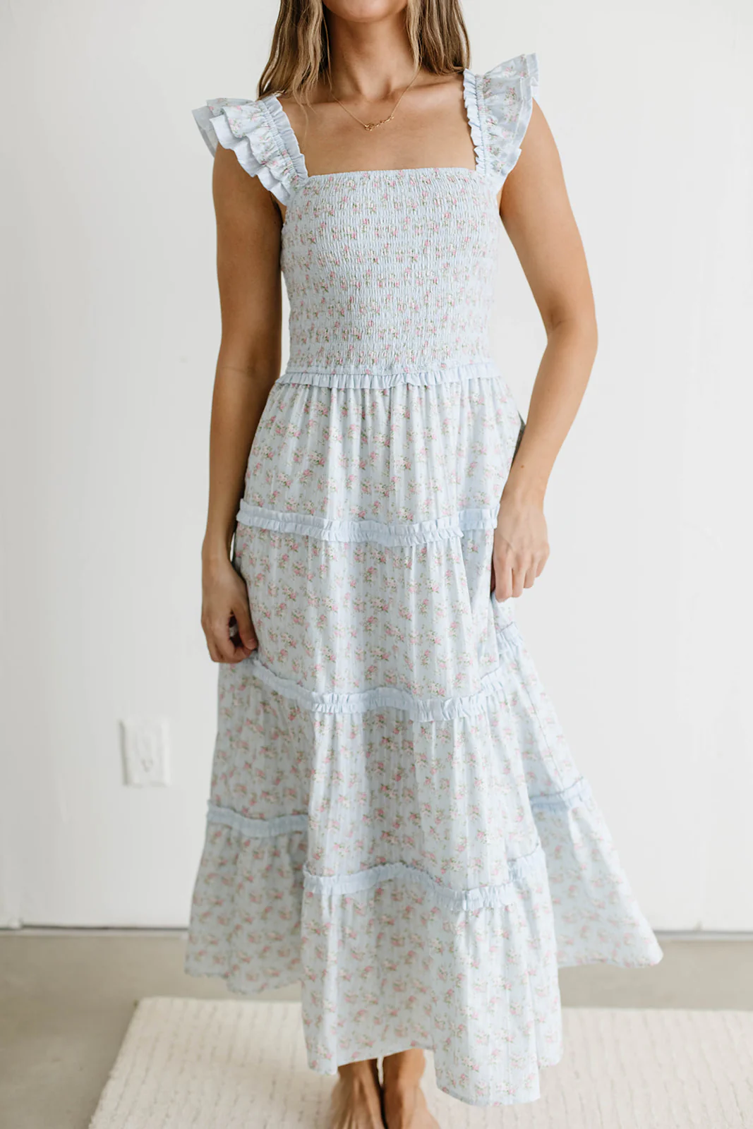 Levi Ditsy Floral Smocked Ruffle Maxi Dress in Light Blue - Image 6