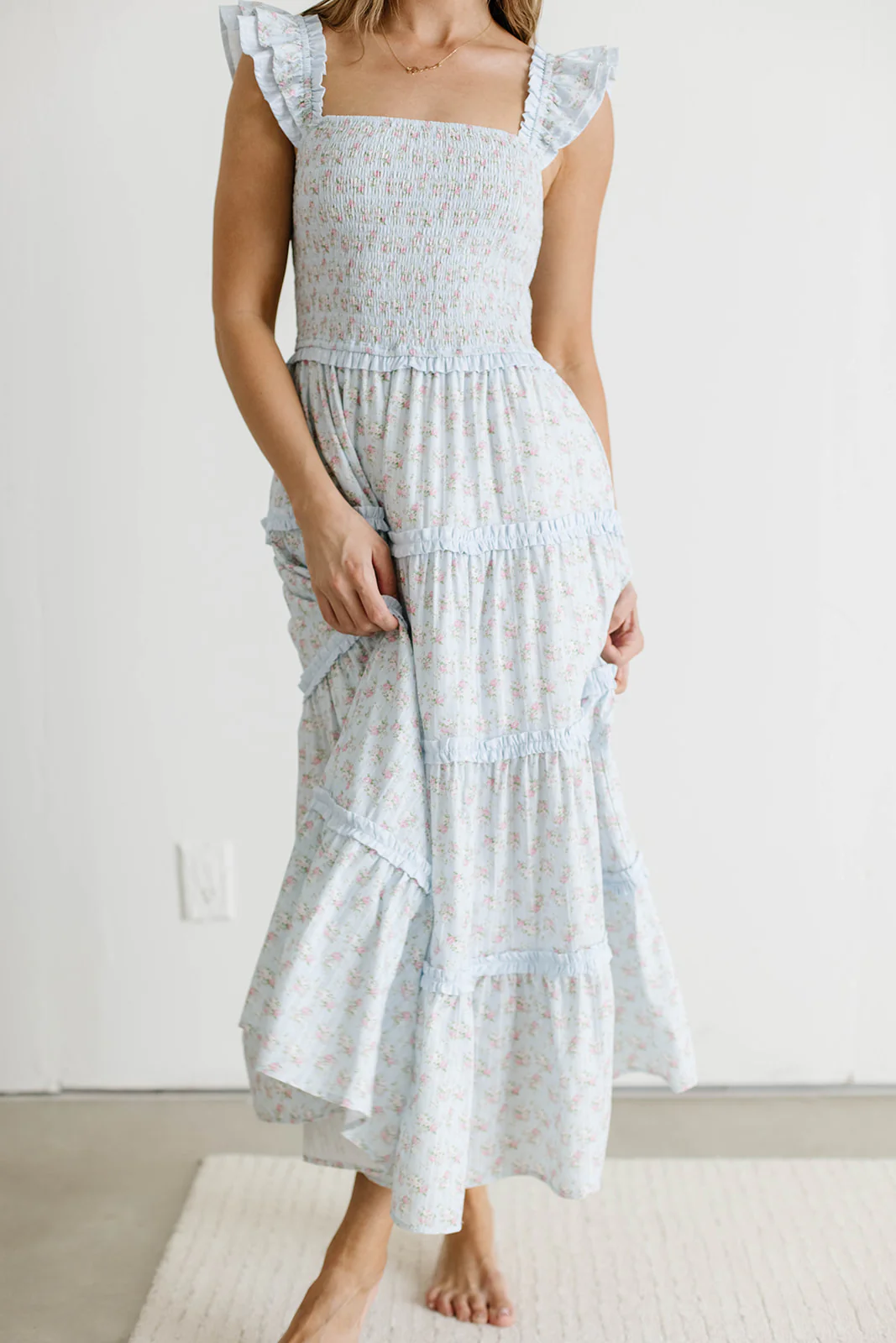 Levi Ditsy Floral Smocked Ruffle Maxi Dress in Light Blue - Image 8