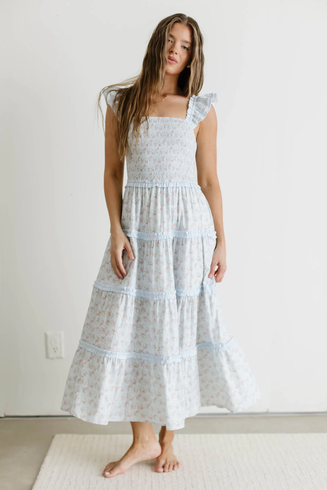 Levi Ditsy Floral Smocked Ruffle Maxi Dress in Light Blue - Image 9