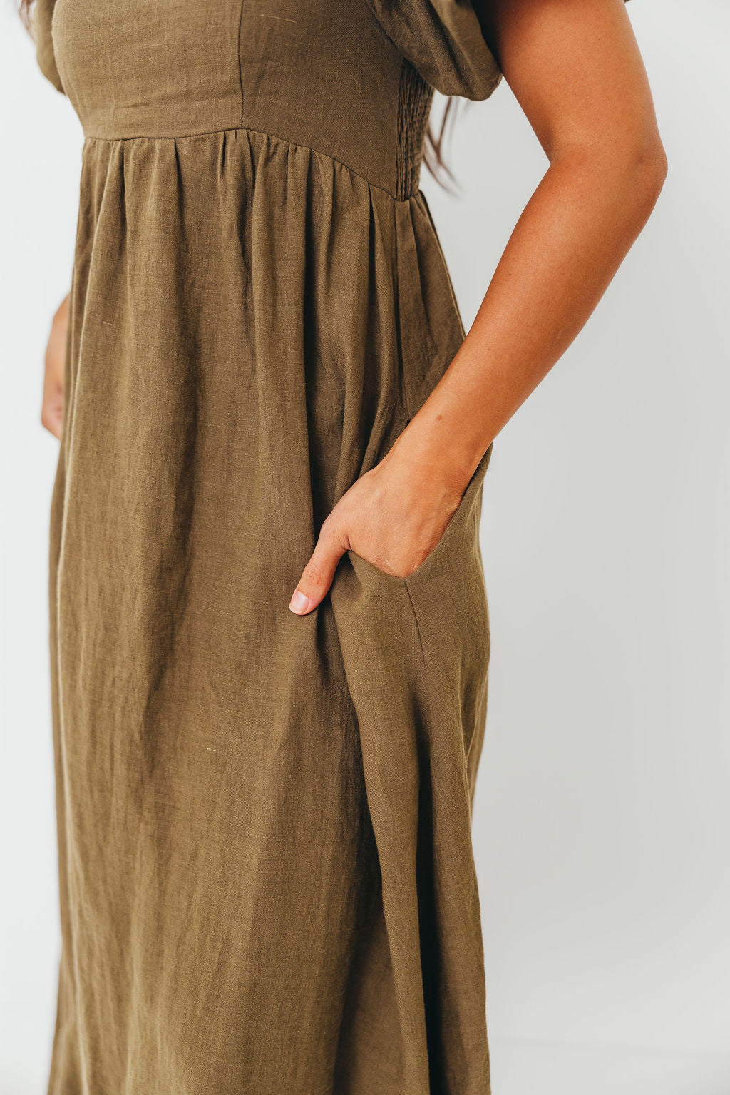 Candace Woven Linen Maxi Dress in Dark Olive - Bump Friendly - Image 8