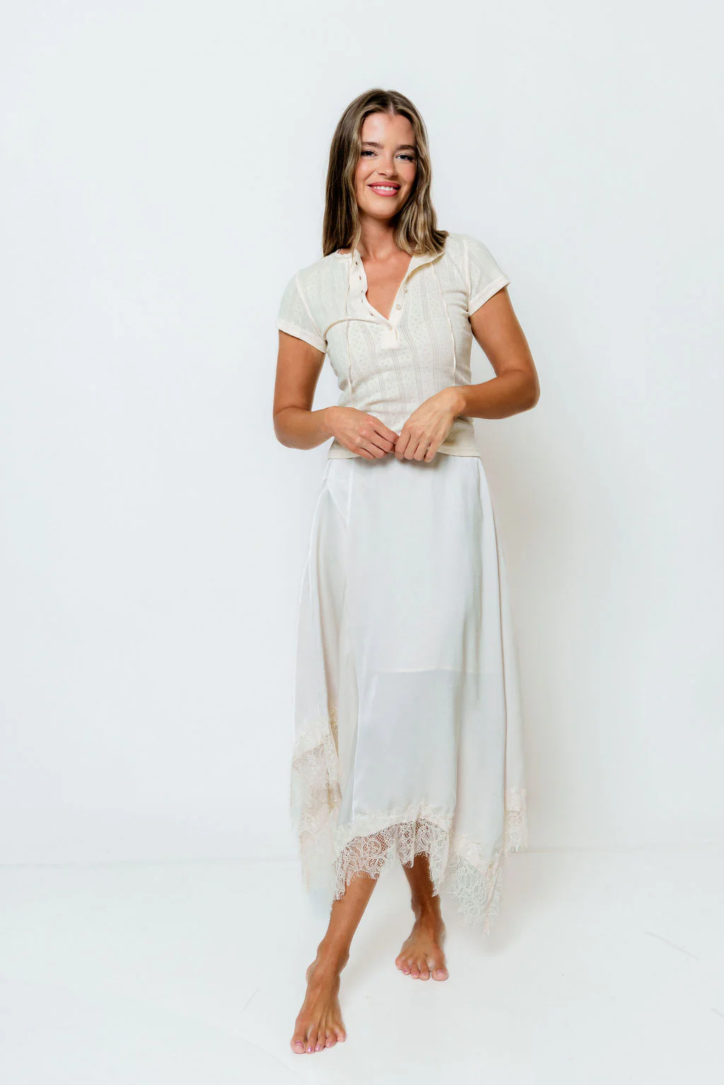 Alcina Satin Lace Trim Midi Skirt in Champagne
