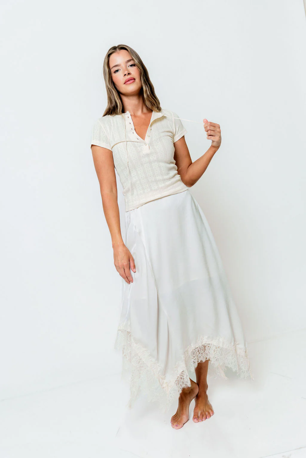 Alcina Satin Lace Trim Midi Skirt in Champagne - Image 3