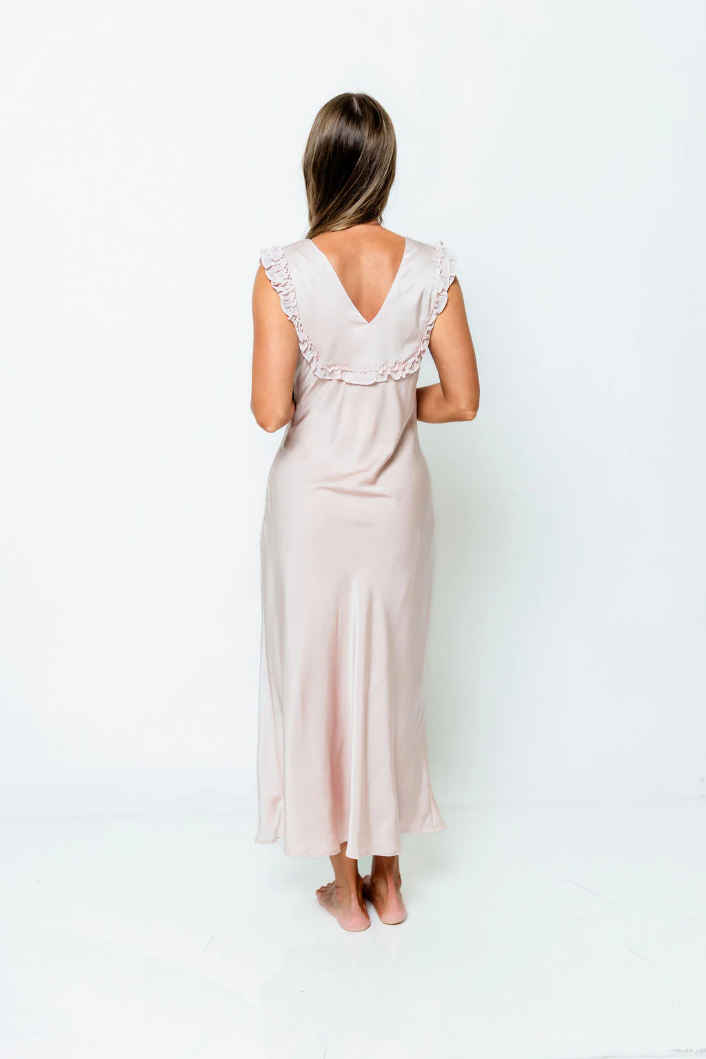 Scarlett Satin Ruffle Tie Midi Dress in Pink - Image 3