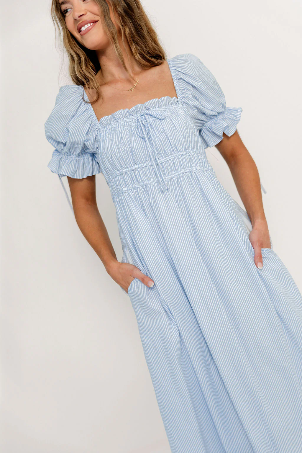 Savanna Steppe 100% Cotton Maxi Dress in Light Blue Stripe - Bump Friendly & Inclusive Sizing - Image 12