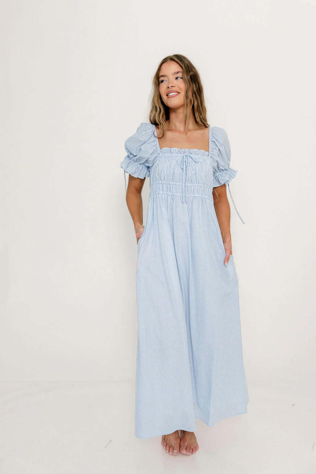 Savanna Steppe 100% Cotton Maxi Dress in Light Blue Stripe - Bump Friendly & Inclusive Sizing - Image 29