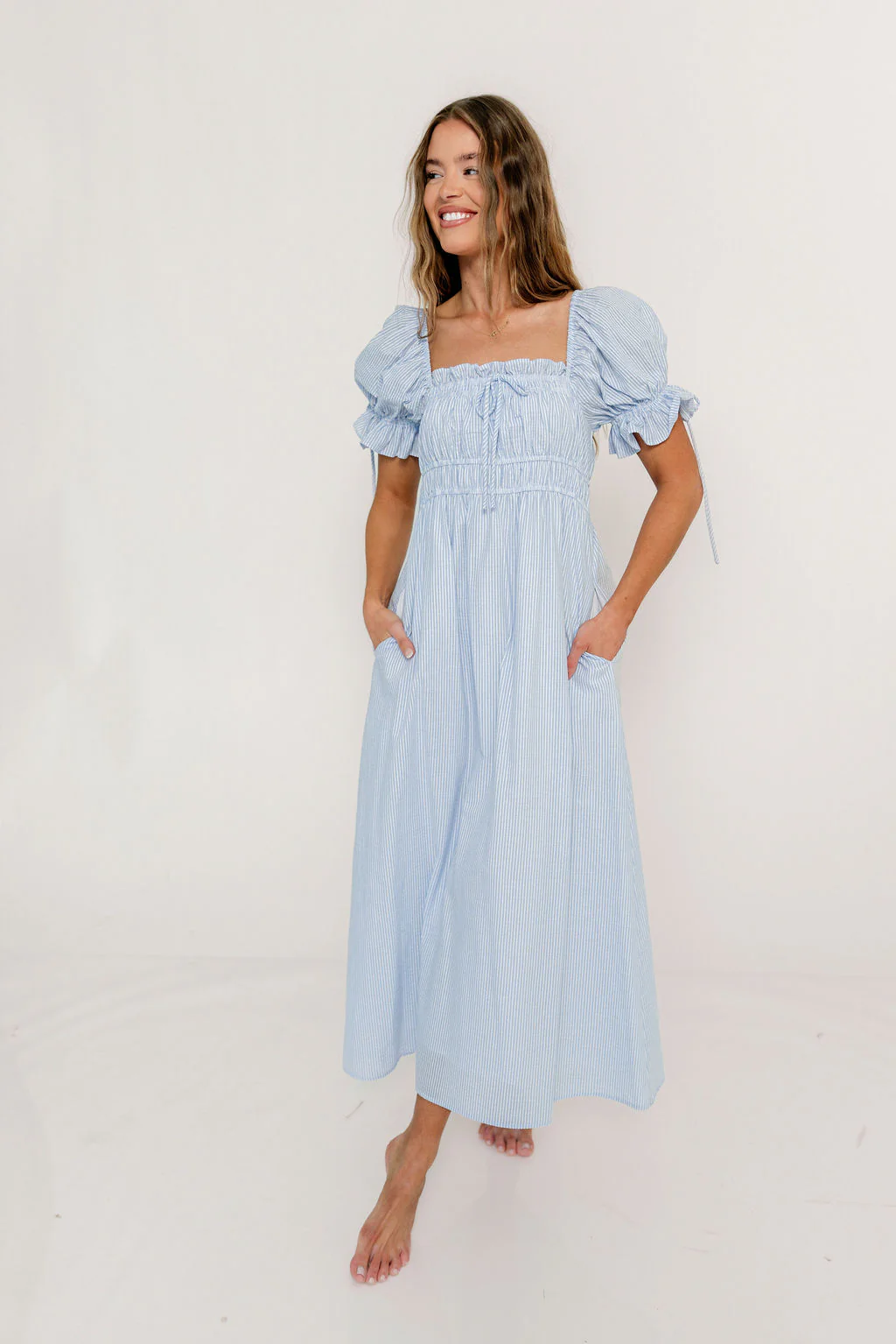 Savanna Steppe 100% Cotton Maxi Dress in Light Blue Stripe - Bump Friendly & Inclusive Sizing - Image 30