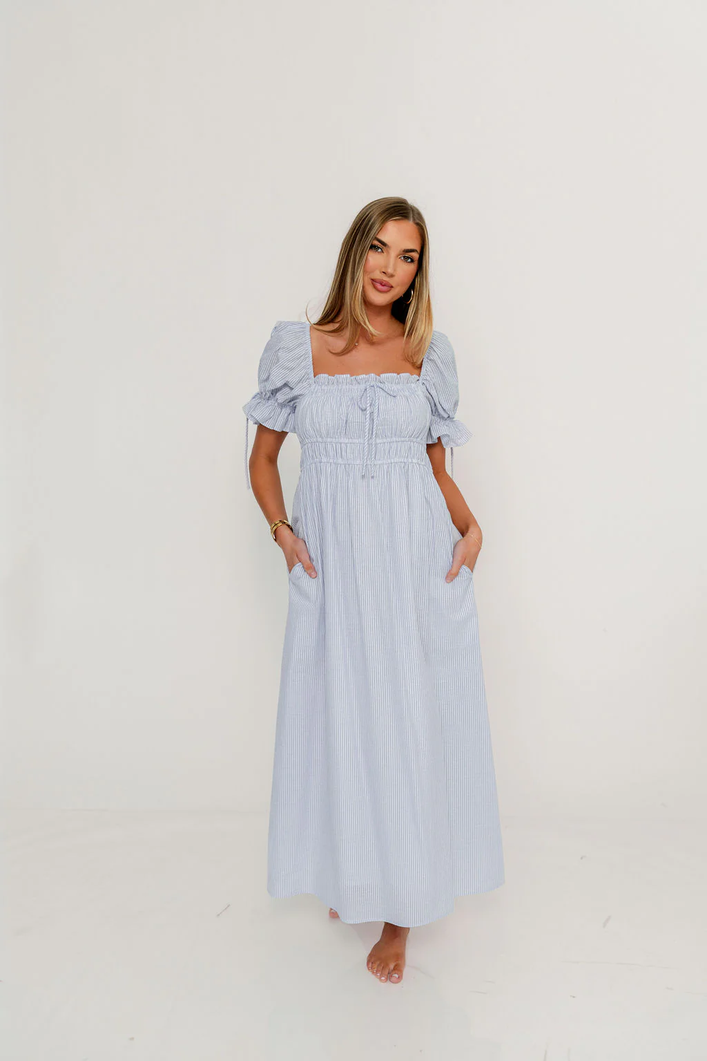 Savanna Steppe 100% Cotton Maxi Dress in Light Blue Stripe - Bump Friendly & Inclusive Sizing - Image 32