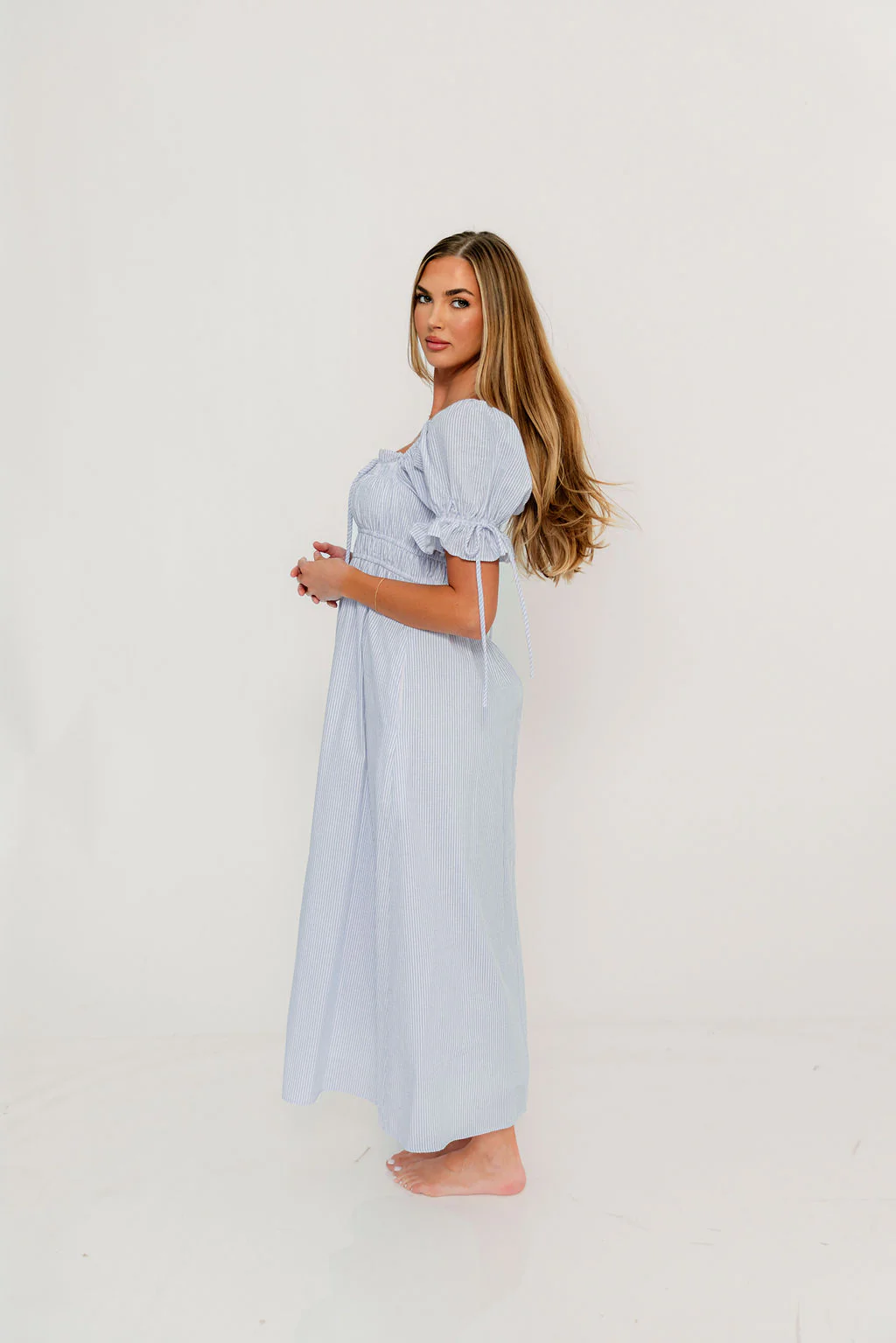 Savanna Steppe 100% Cotton Maxi Dress in Light Blue Stripe - Bump Friendly & Inclusive Sizing - Image 36