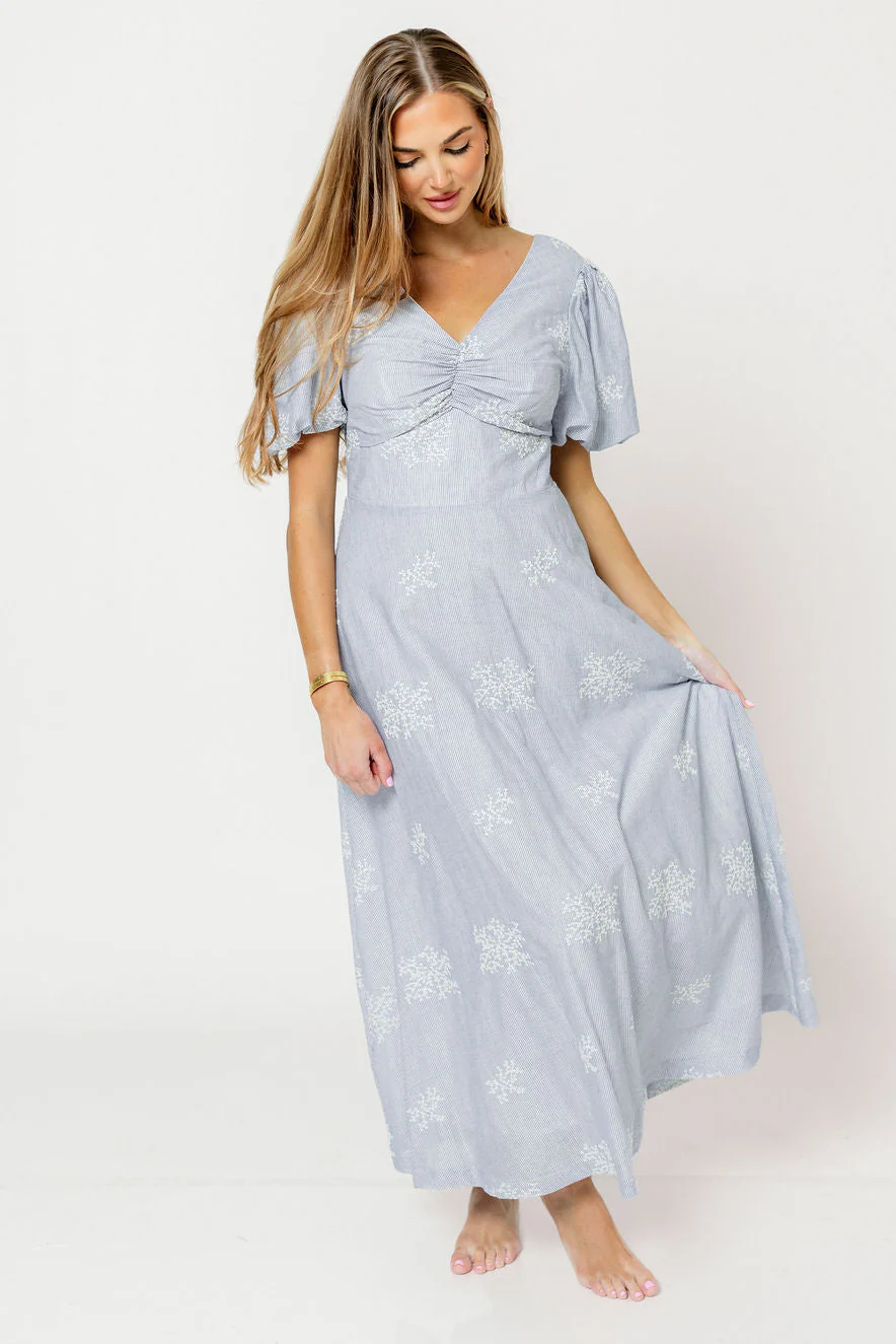 Selena Stripe Embroidered Puff Sleeve Midi Dress in Blue