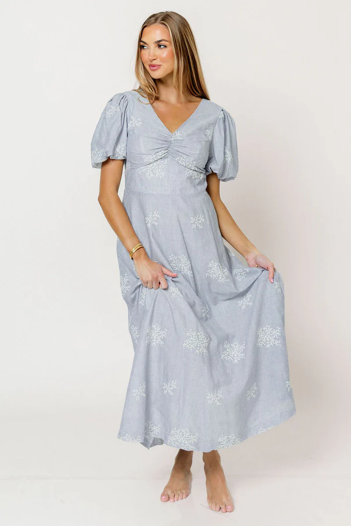 Selena Stripe Embroidered Puff Sleeve Midi Dress in Blue - Image 2