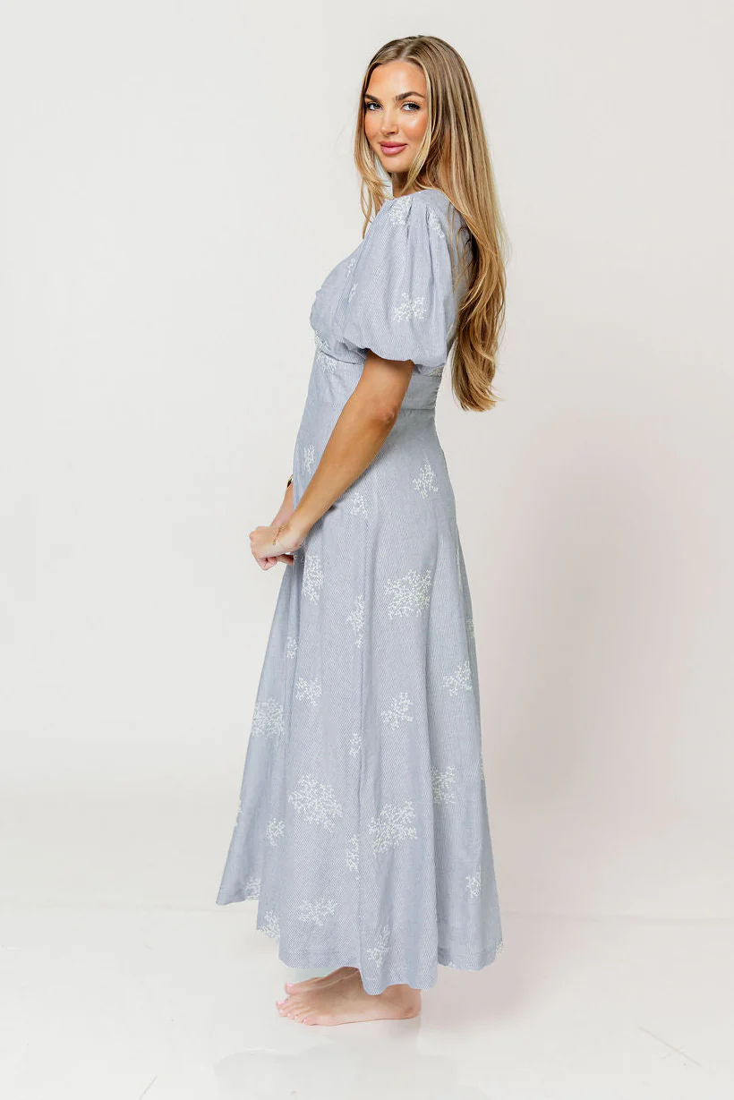 Selena Stripe Embroidered Puff Sleeve Midi Dress in Blue - Image 3