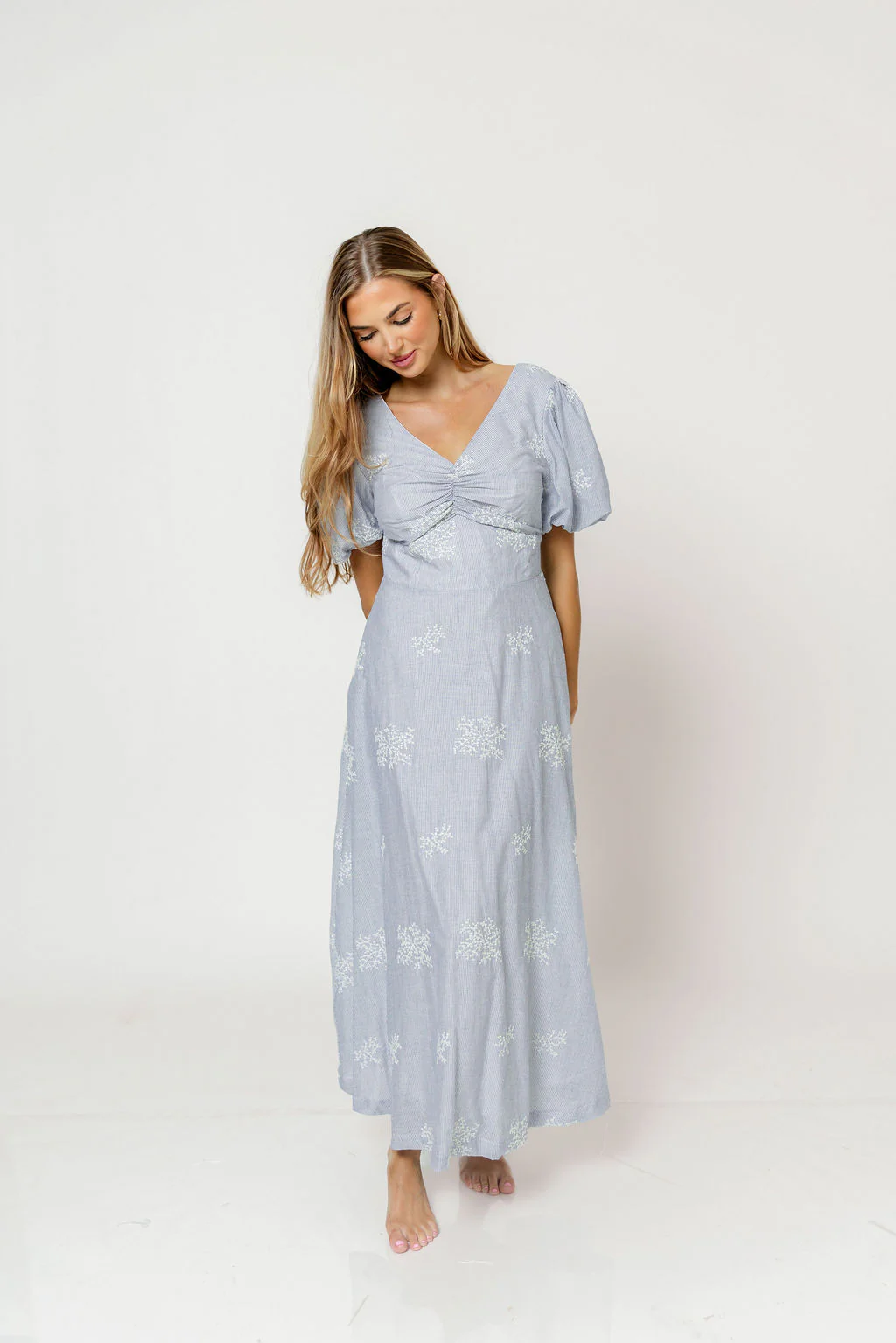Selena Stripe Embroidered Puff Sleeve Midi Dress in Blue - Image 4