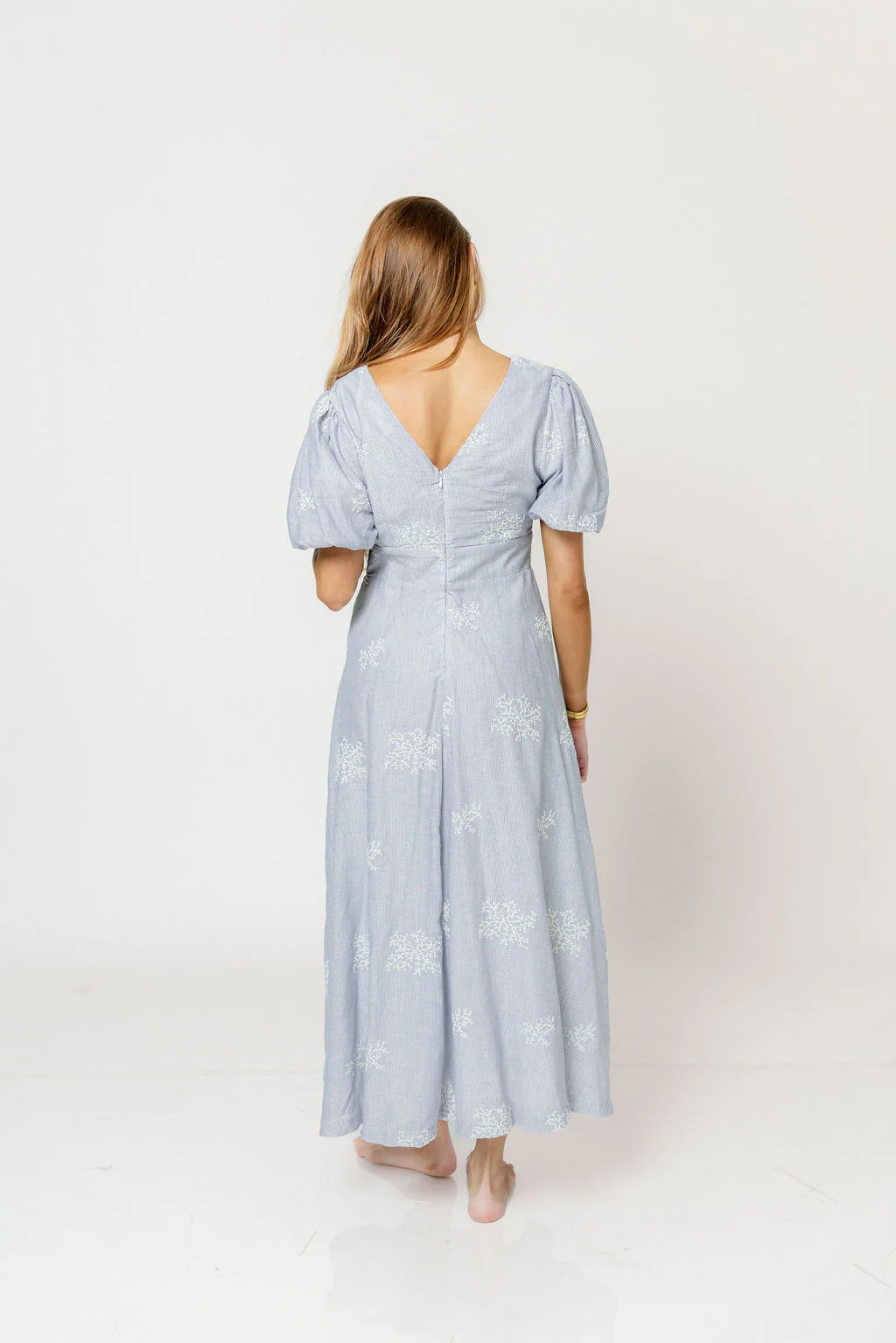 Selena Stripe Embroidered Puff Sleeve Midi Dress in Blue - Image 5