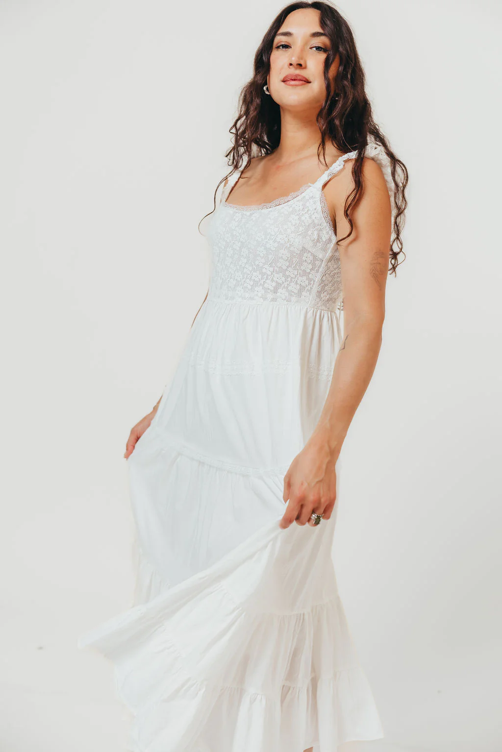 Shiloh 100% Cotton Ruffle Tiered Maxi Dress in White - Image 3