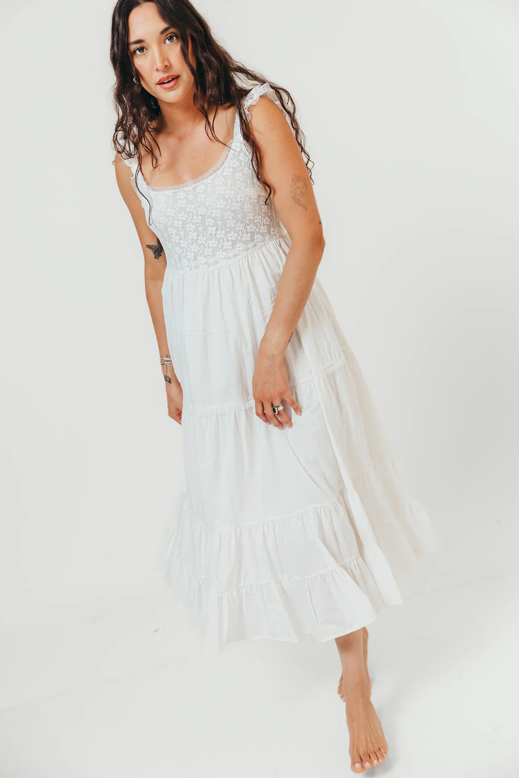 Shiloh 100% Cotton Ruffle Tiered Maxi Dress in White - Image 5