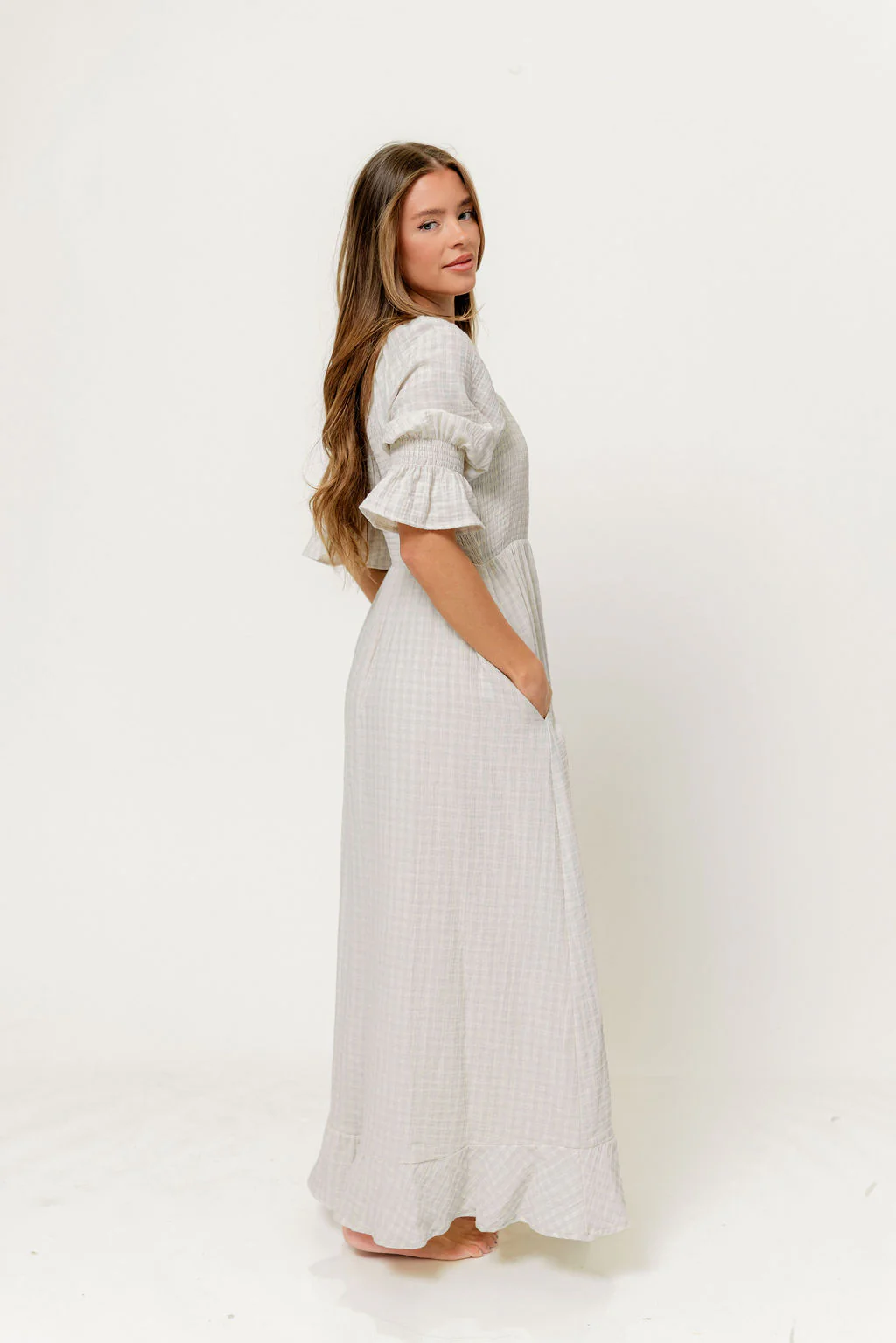 Sienna 100% Cotton Puff Sleeve Maxi Dress in Baby Blue Plaid (Lined) - Bump Friendly - Image 3