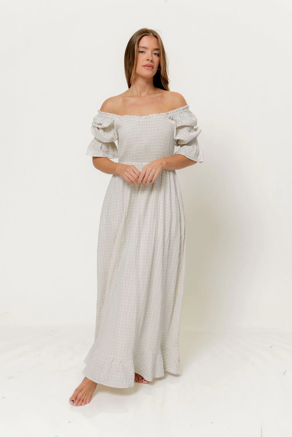 Sienna 100% Cotton Puff Sleeve Maxi Dress in Baby Blue Plaid (Lined) - Bump Friendly - Image 4