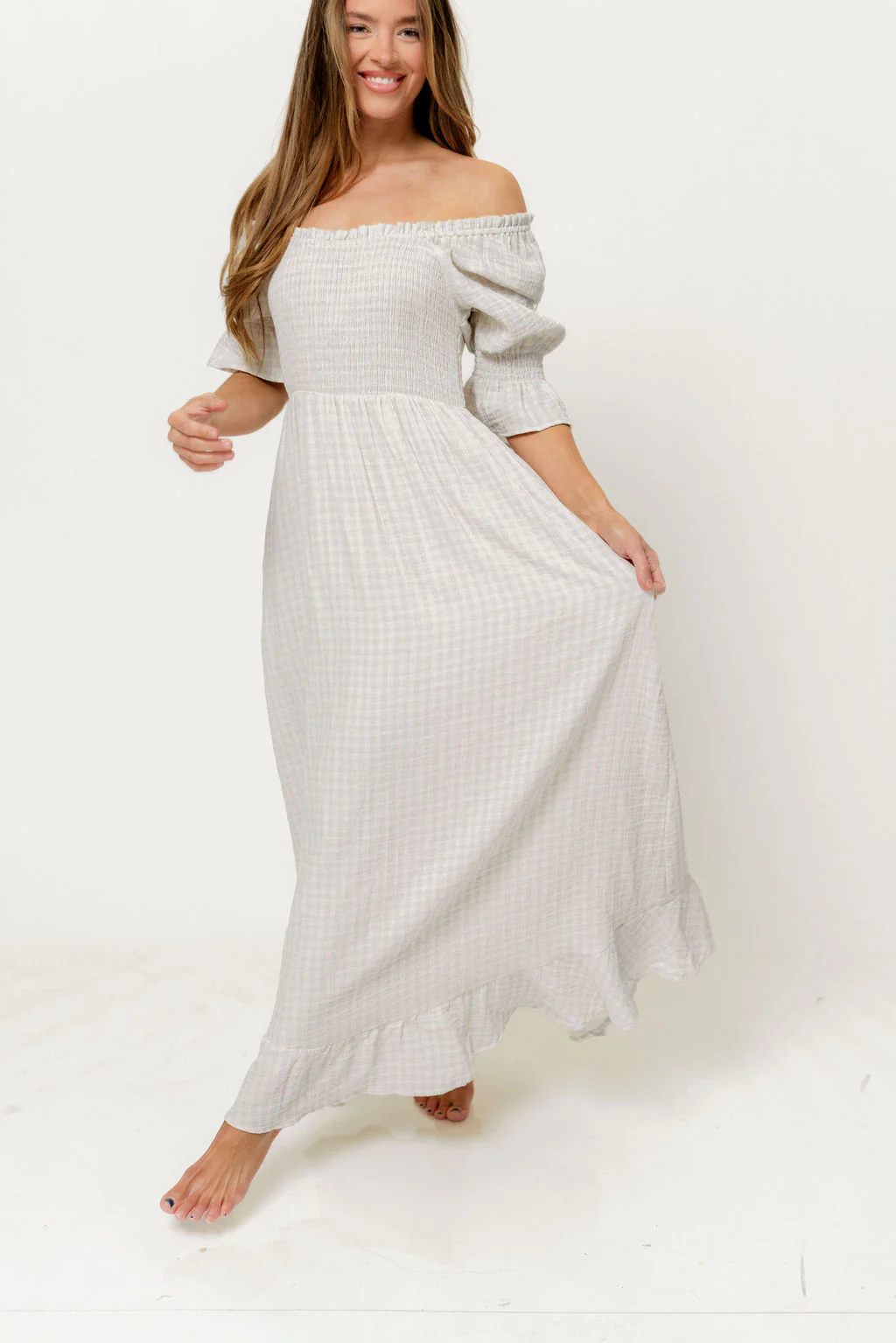 Sienna 100% Cotton Puff Sleeve Maxi Dress in Baby Blue Plaid (Lined) - Bump Friendly - Image 6
