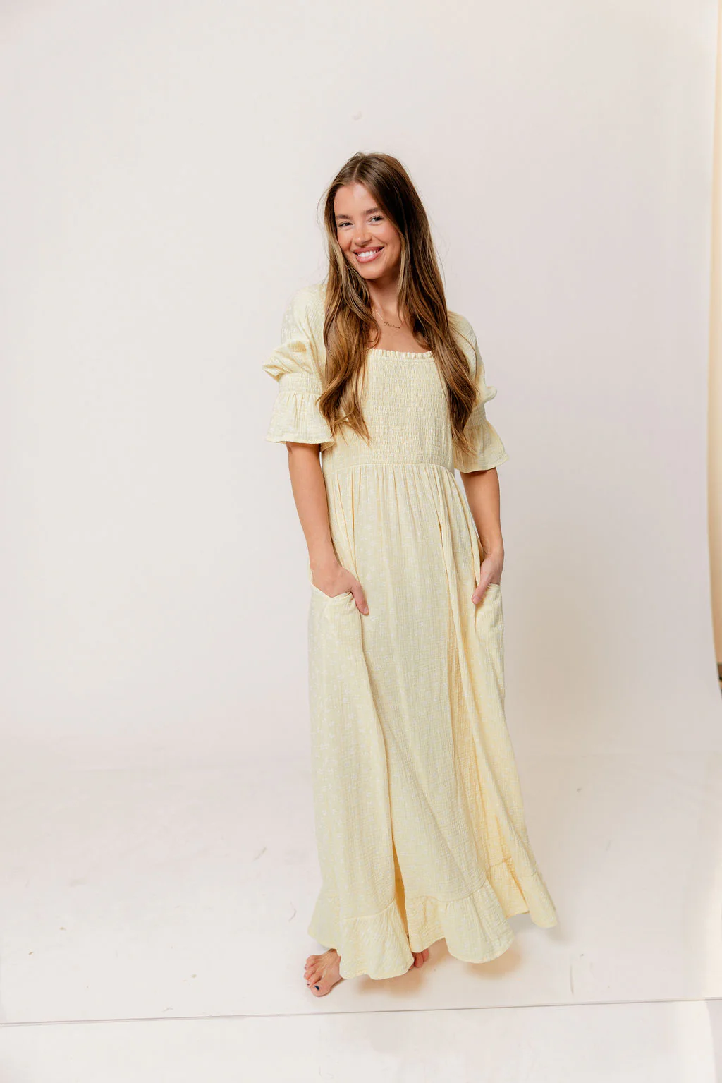 Sienna 100% Cotton Puff Sleeve Maxi Dress in Custard Foliage - Bump Friendly - Image 11