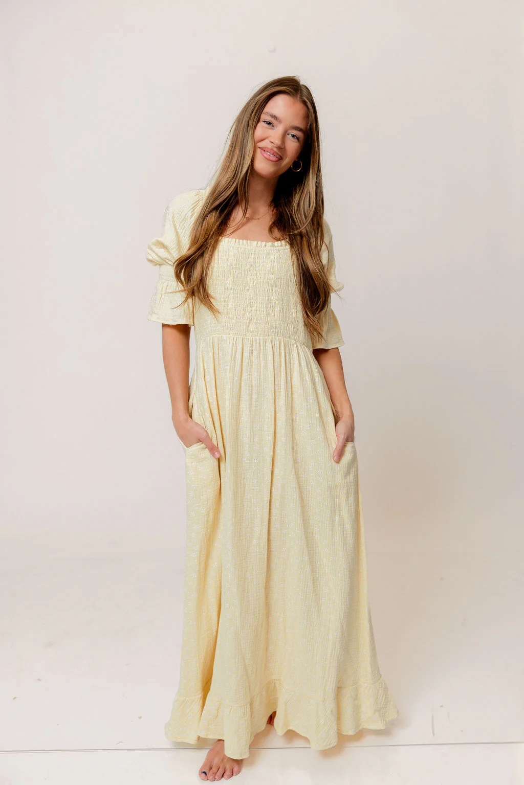 Sienna 100% Cotton Puff Sleeve Maxi Dress in Custard Foliage - Bump Friendly - Image 12
