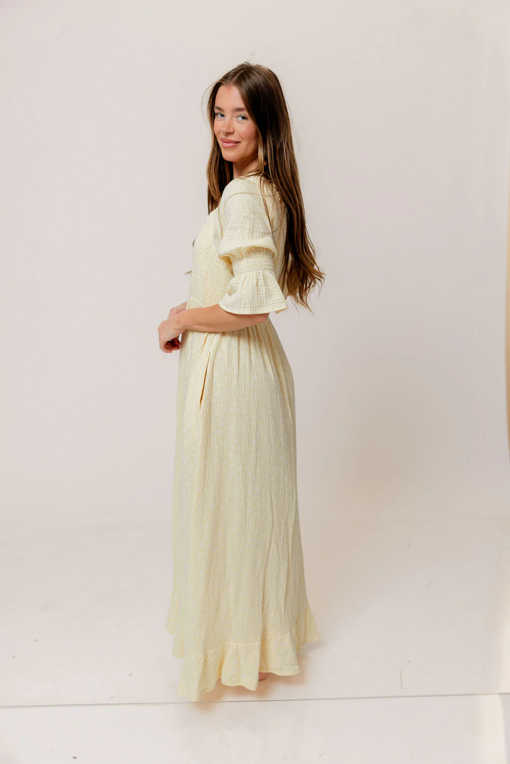 Sienna 100% Cotton Puff Sleeve Maxi Dress in Custard Foliage - Bump Friendly - Image 13