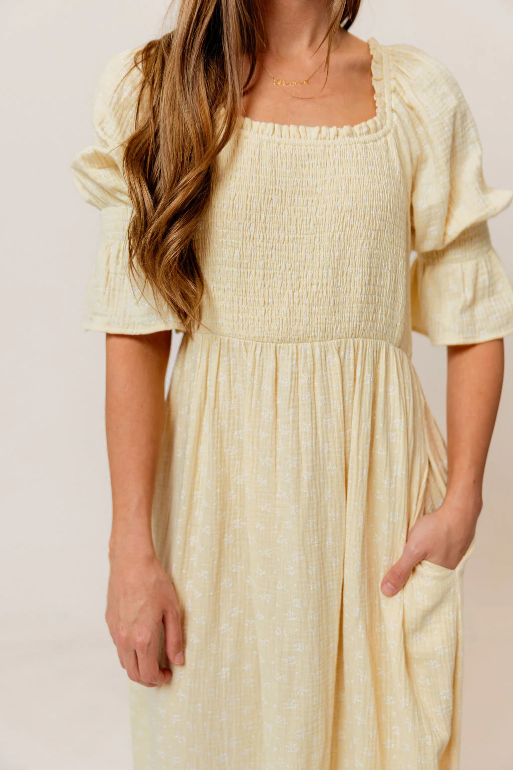 Sienna 100% Cotton Puff Sleeve Maxi Dress in Custard Foliage - Bump Friendly - Image 17
