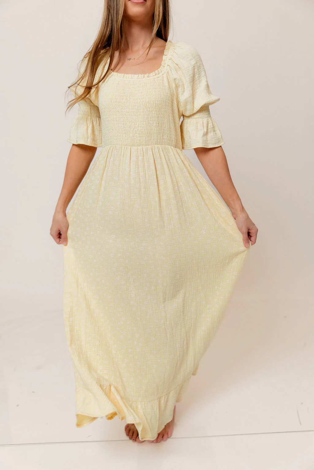 Sienna 100% Cotton Puff Sleeve Maxi Dress in Custard Foliage - Bump Friendly - Image 18