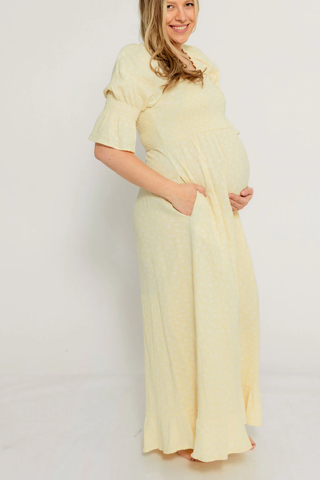 Sienna 100% Cotton Puff Sleeve Maxi Dress in Custard Foliage - Bump Friendly - Image 25