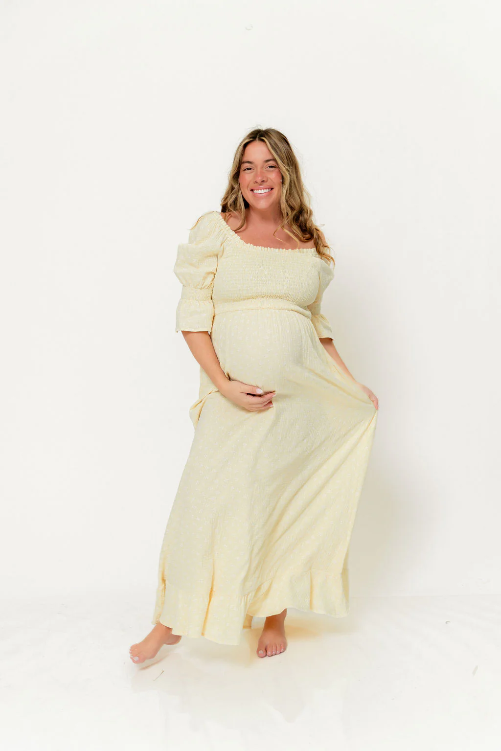 Sienna 100% Cotton Puff Sleeve Maxi Dress in Custard Foliage - Bump Friendly - Image 3