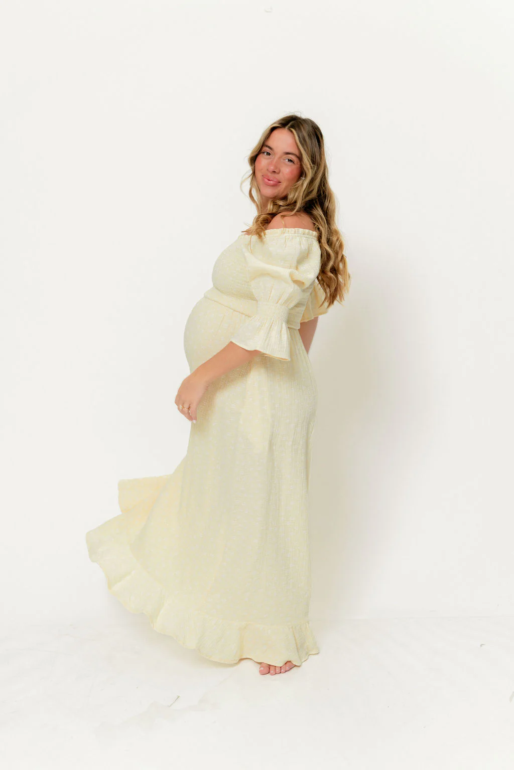 Sienna 100% Cotton Puff Sleeve Maxi Dress in Custard Foliage - Bump Friendly - Image 4
