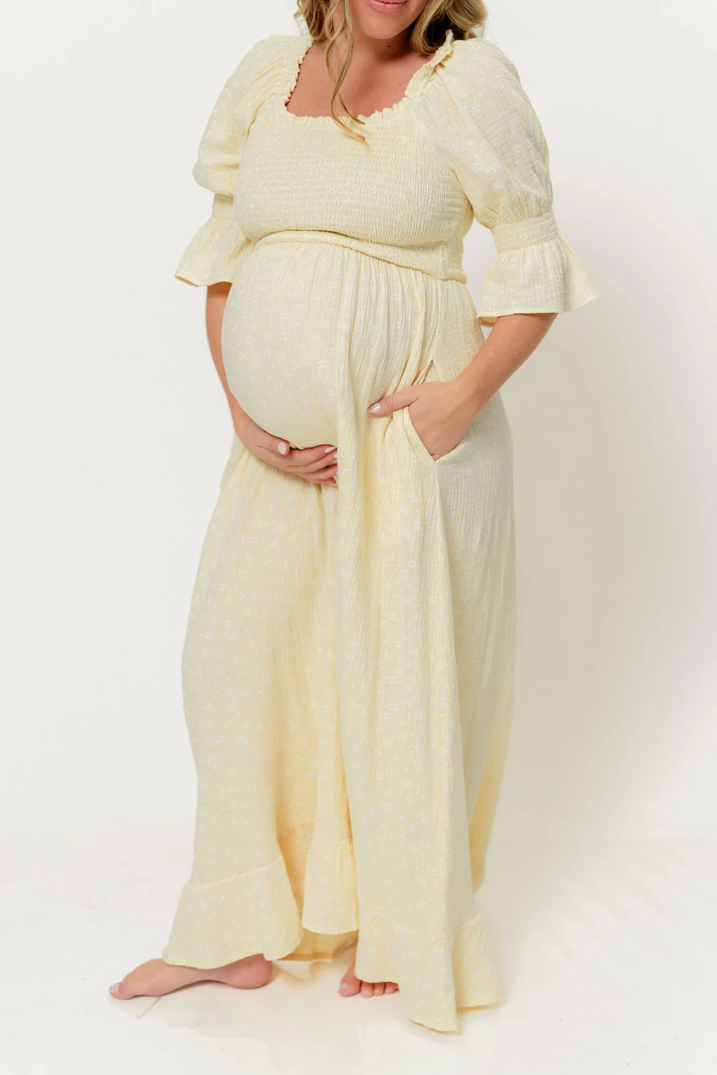 Sienna 100% Cotton Puff Sleeve Maxi Dress in Custard Foliage - Bump Friendly - Image 9